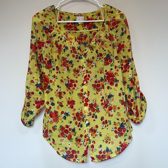 Anthropologie Postmark Womens Yellow Floral Blouse Long Sleeve Peasant 4 - Picture 1 of 7